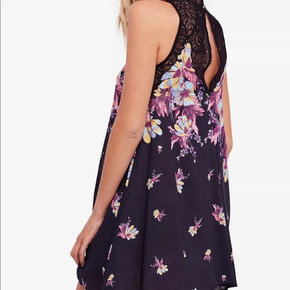 Free People Marsha Printed Lace Neck Onyx Combo Black High Neck Floral Dress XS - Picture 5 of 11